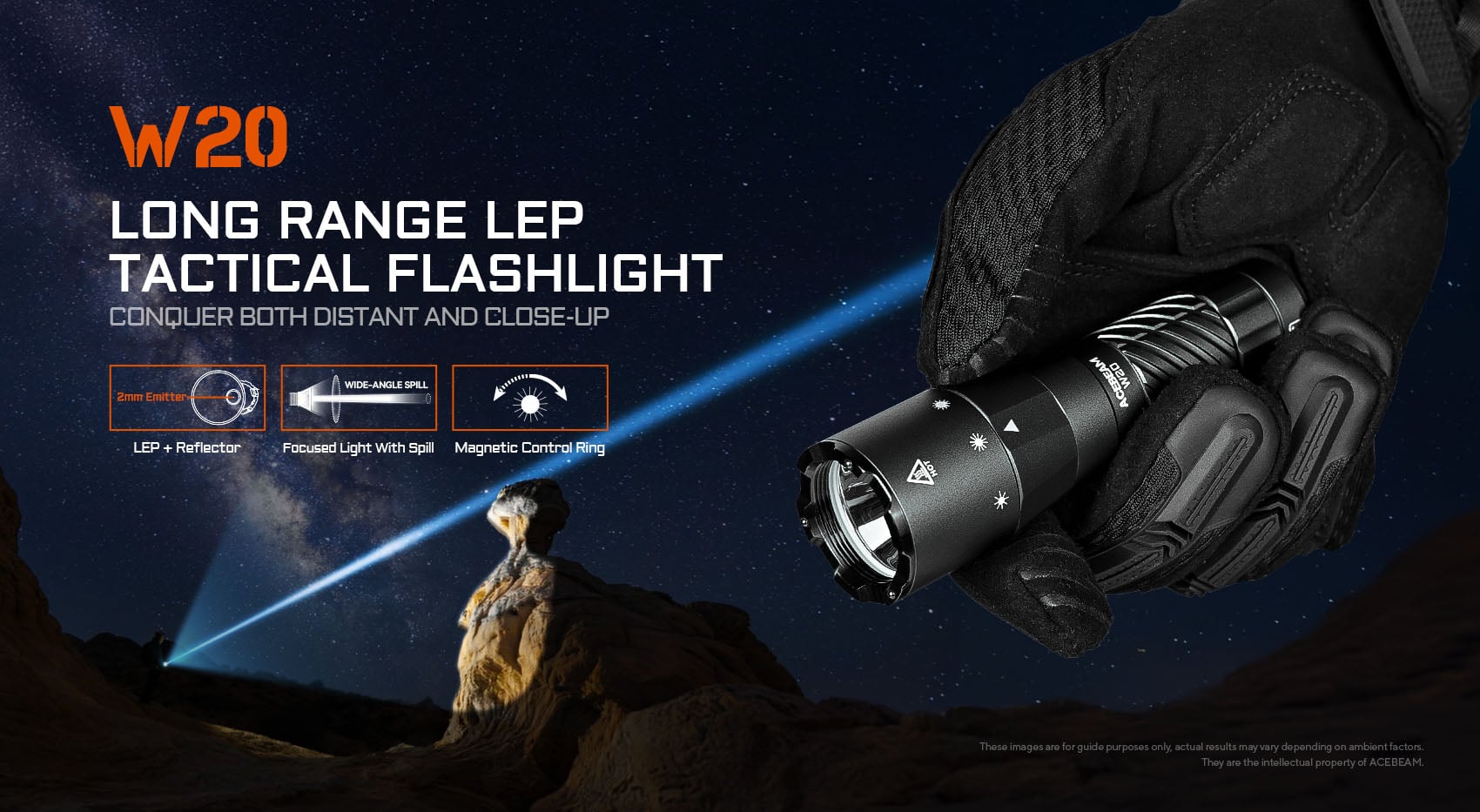 “Acebeam W20 LEP flashlight with wide-angle spill – long-range high-performance search light”