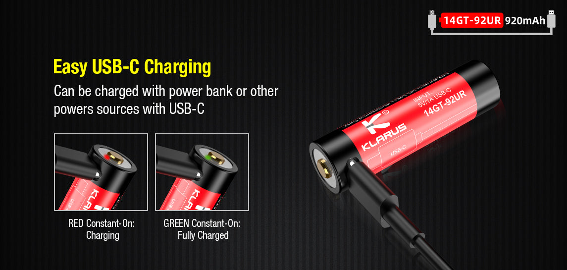 “Klarus 14500 920mAh Micro-USB rechargeable Li-ion battery for flashlights”