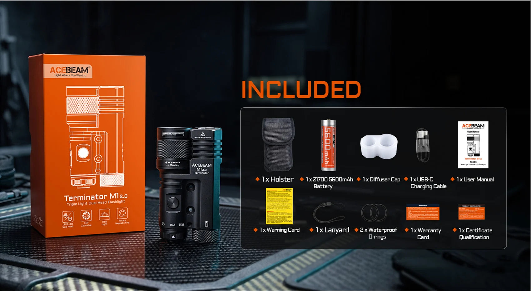 Acebeam Terminator M1 2.0 – Dual Head Zoomable LEP + LED Flashlight with Red Light **Will ship around August 16th***