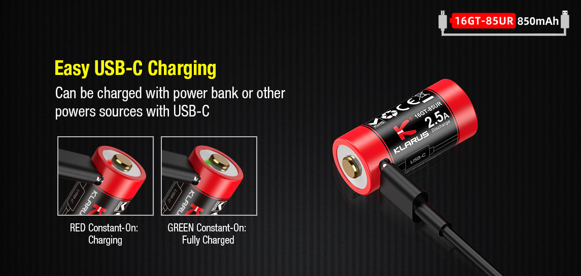 “Klarus 16340 850mAh USB rechargeable battery – Li-ion flashlight battery with built-in USB port”