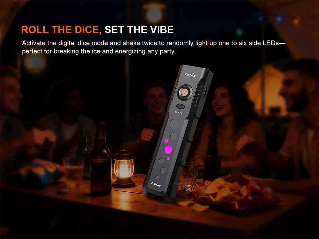 Fenix E08R UE – Flat EDC Flashlight with Green Laser, Body Lights & Digital Dice - Options
