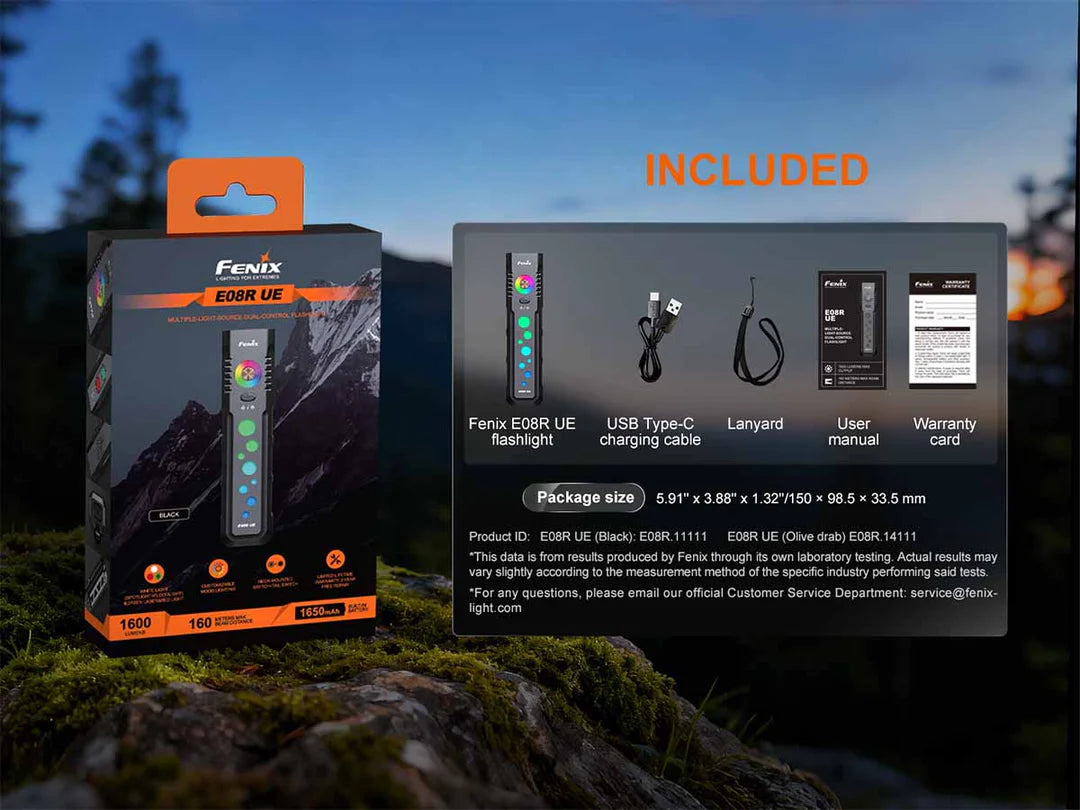 Fenix E08R UE – Flat EDC Flashlight with Green Laser, Body Lights & Digital Dice - Options