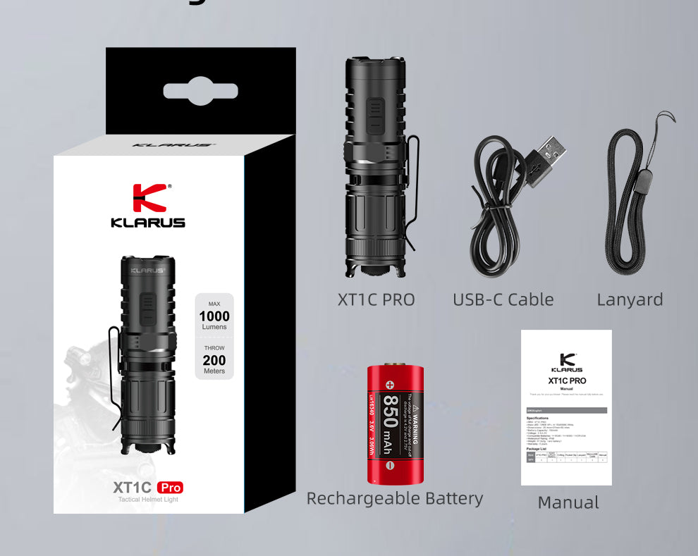 “Klarus XT1C Pro professional helmet-mounted flashlight – Compact high-output tactical light”