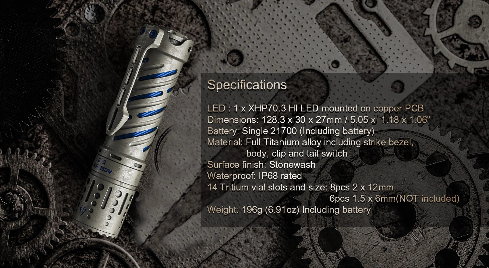 Acebeam E70-TI titanium EDC LED flashlight with 3750 lumens brightness for everyday carry and outdoor professional use