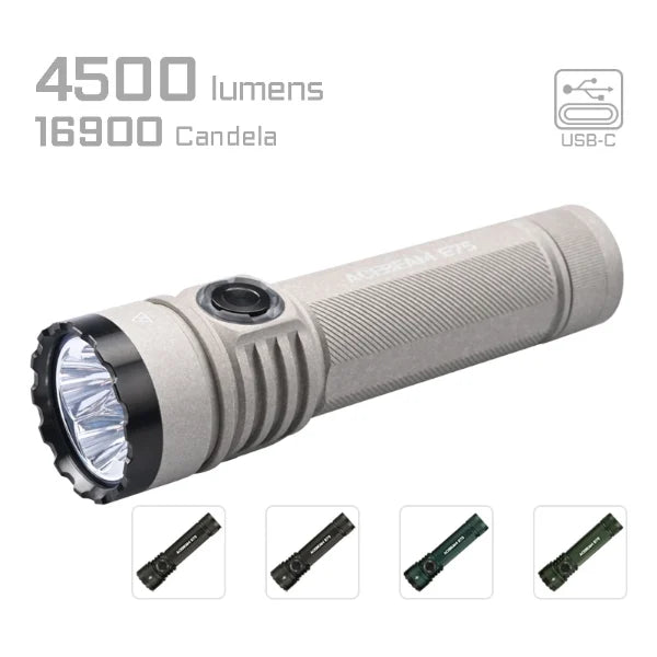 Acebeam E75 high-performance rechargeable LED flashlight with 4500 lumens brightness for camping, search, and professional use