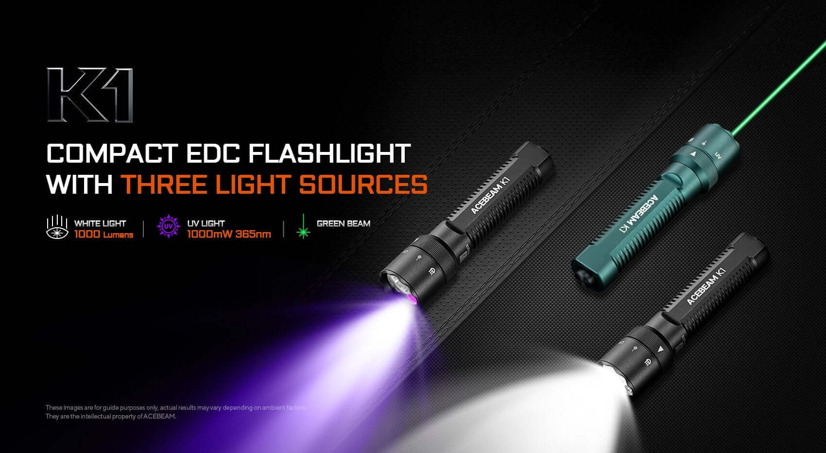 Acebeam K1 Triple-Source EDC Flashlight – White, Green & UV Beams
