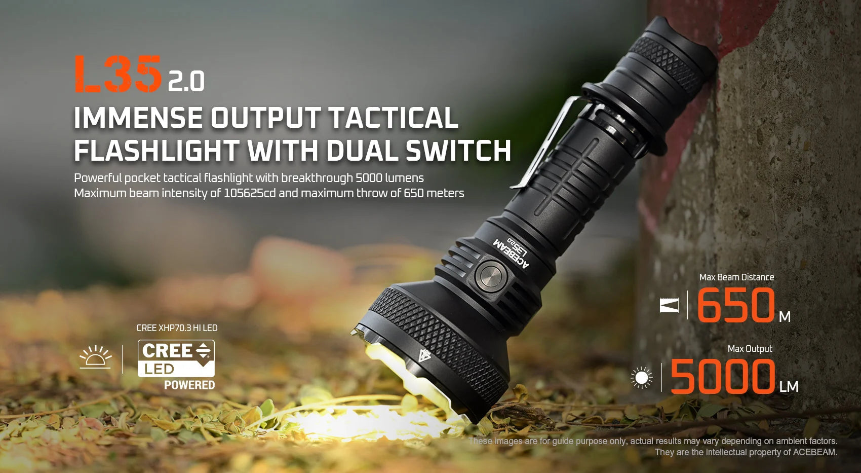 Acebeam L35 2.0 Tactical Flashlight 5000 Lumens - Black Flashlight Acebeam