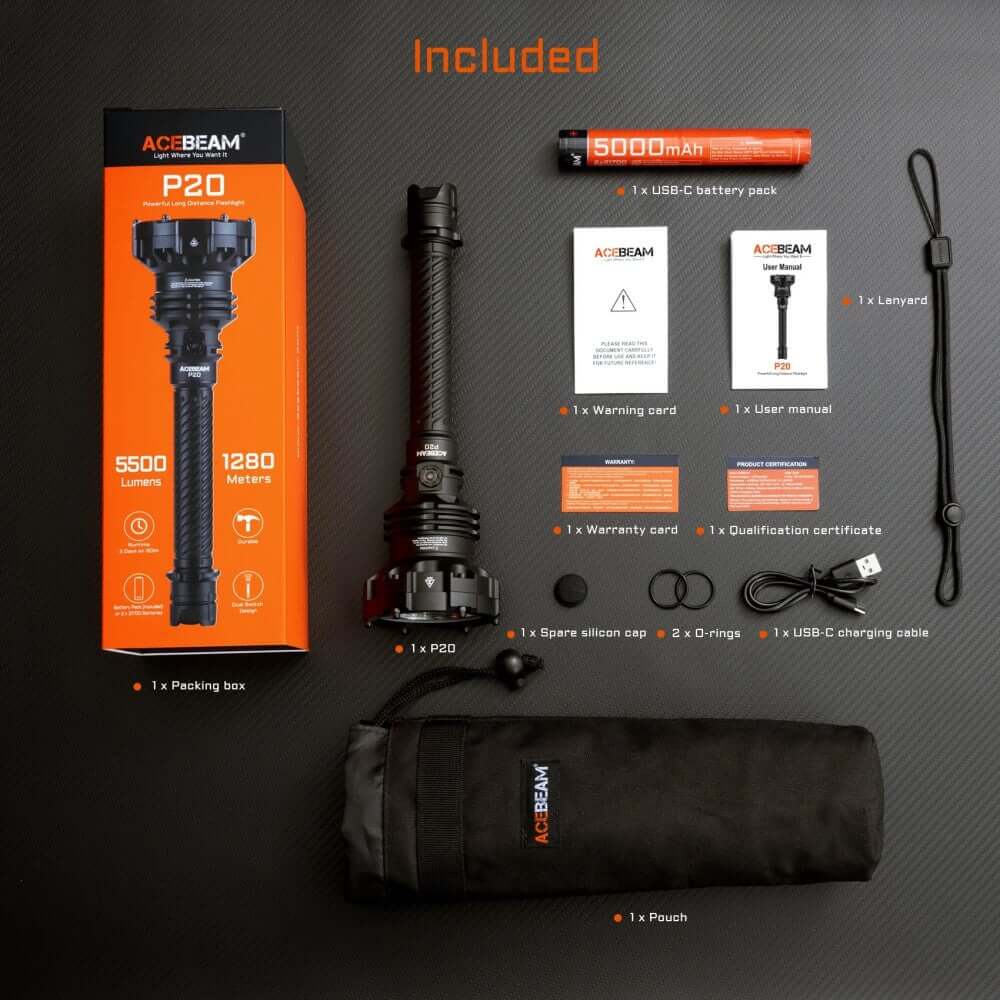 Acebeam P20 Professional Long Distance Flashlight 5500 Lumens - Options