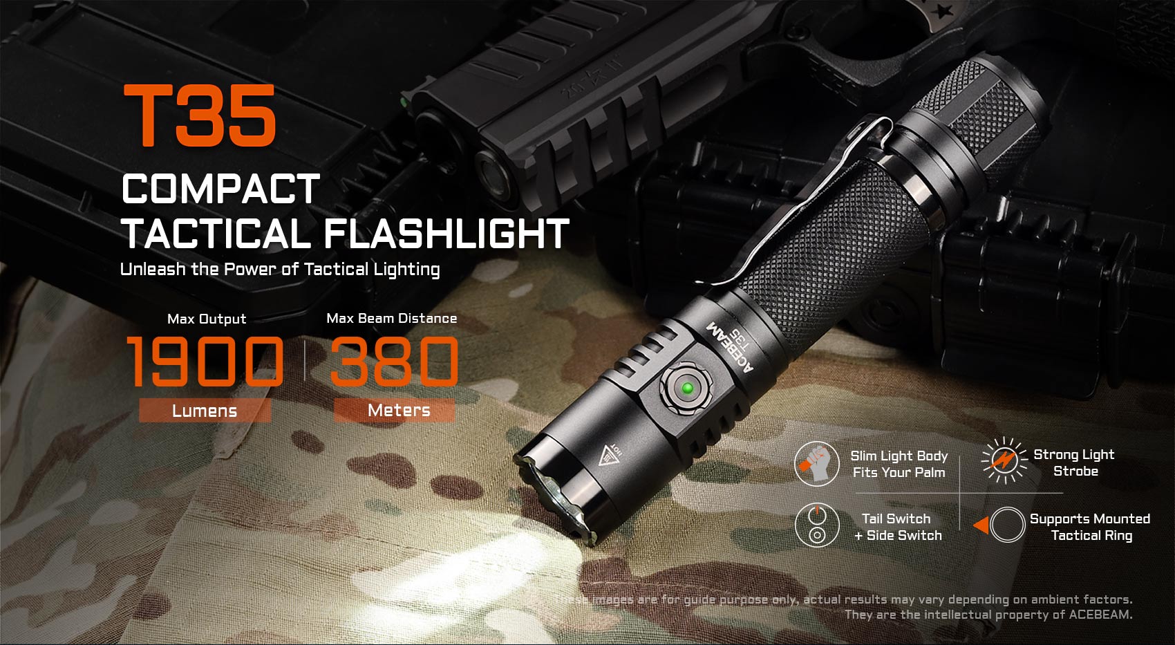 Acebeam T35 compact rechargeable tactical flashlight with 1900 lumens brightness for duty, defense, and outdoor use