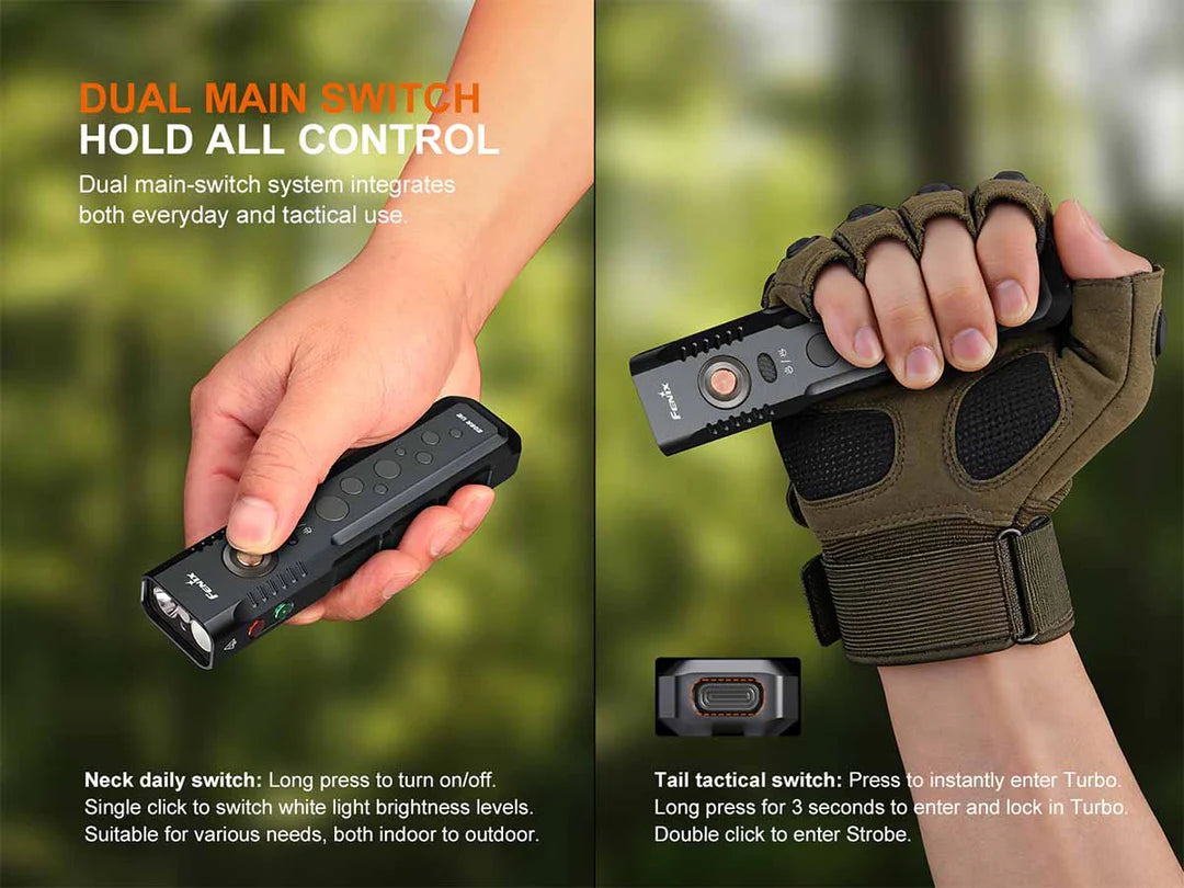 Fenix E08R UE – Flat EDC Flashlight with Green Laser, Body Lights & Digital Dice - Options