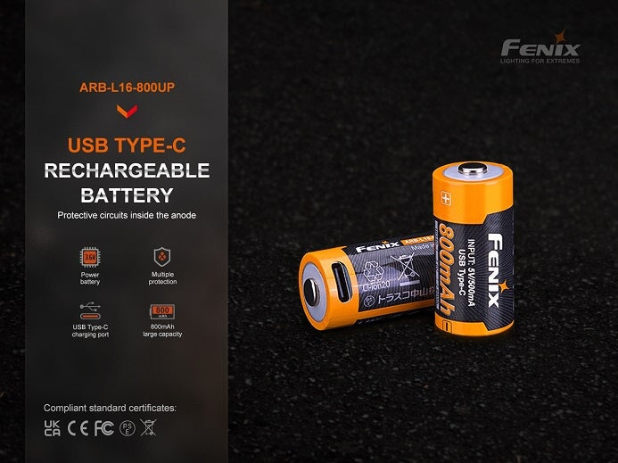 Fenix ARB-L16 800UP USB rechargeable LI-ION 16340 Battery FlashLightWorld Canada