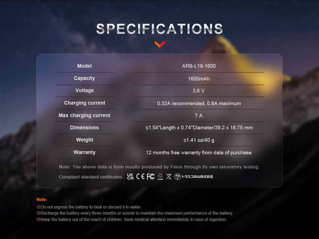 Fenix ARB-L18 1600 Rechargeable 18350 Battery