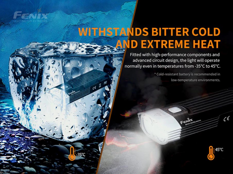 Fenix BC30 V2 rechargeable LED bike light with 2200 lumens brightness for road, mountain, and night cycling