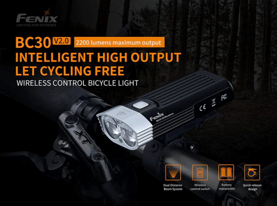 Fenix BC30 V2 rechargeable LED bike light with 2200 lumens brightness for road, mountain, and night cycling