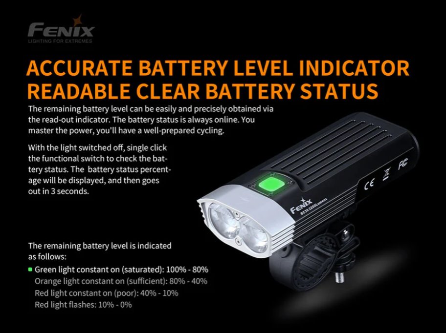 Fenix BC30 V2 rechargeable LED bike light with 2200 lumens brightness for road, mountain, and night cycling