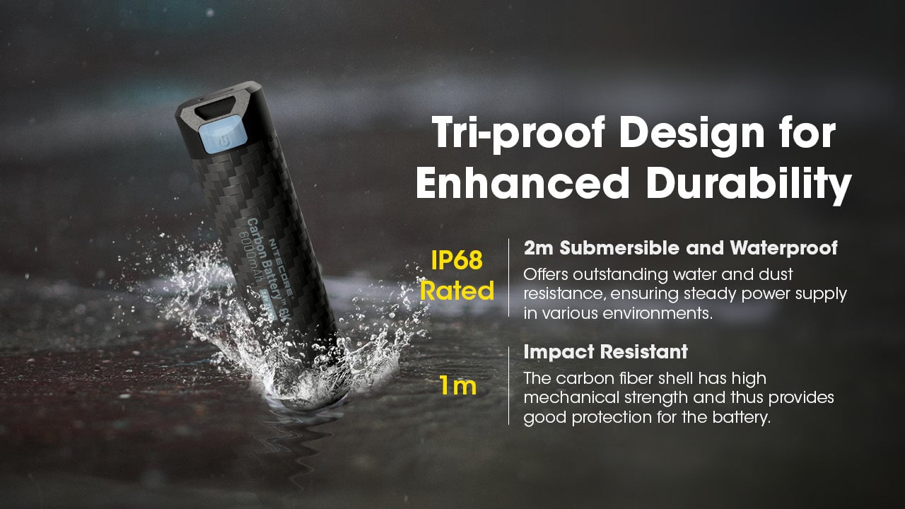 Nitecore 6K lightweight carbon fiber battery power bank for outdoor charging, travel, and emergency power backup