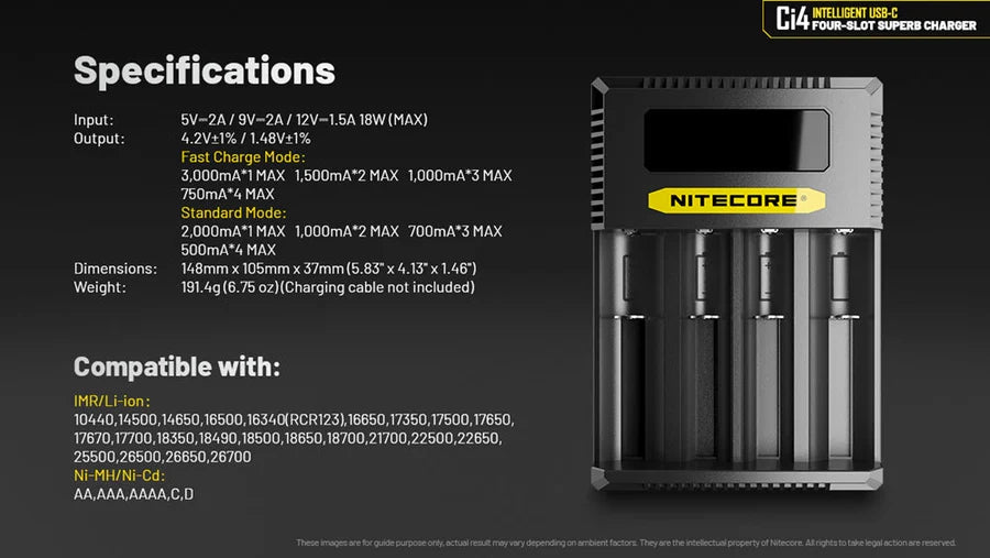 Nitecore Ci4 Four Slot Universal Battery Charger Battery Charger FlashLightWorld Canada
