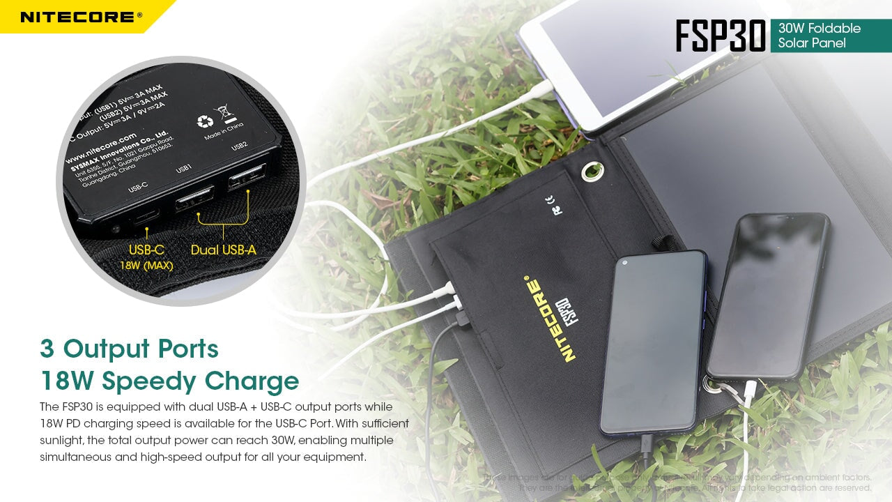 Nitecore FSP30 30W foldable portable solar panel charger for power banks, flashlights, and outdoor electronic devices