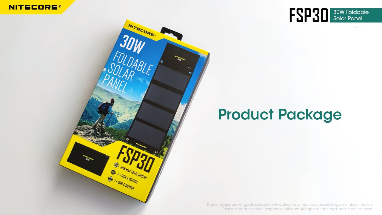 Nitecore FSP30 30W foldable portable solar panel charger for power banks, flashlights, and outdoor electronic devices
