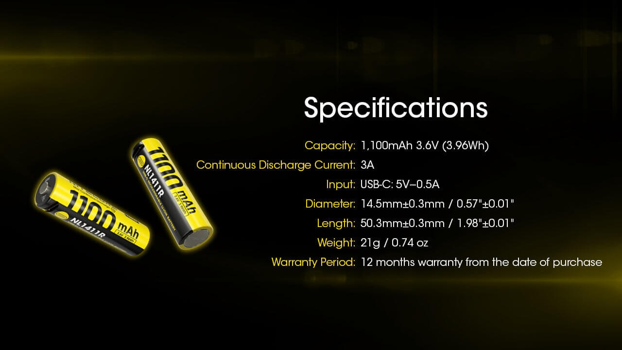 Nitecore NL1411R 14500 USB-C Li-ion Battery 1100mAh