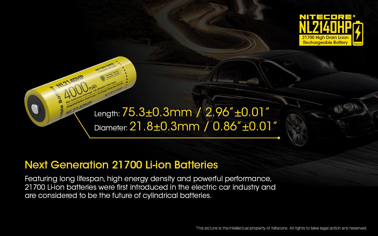 Nitecore NL2140HP 21700 4000mAh high-drain rechargeable Li-ion battery for flashlights, headlamps, and electronic devices