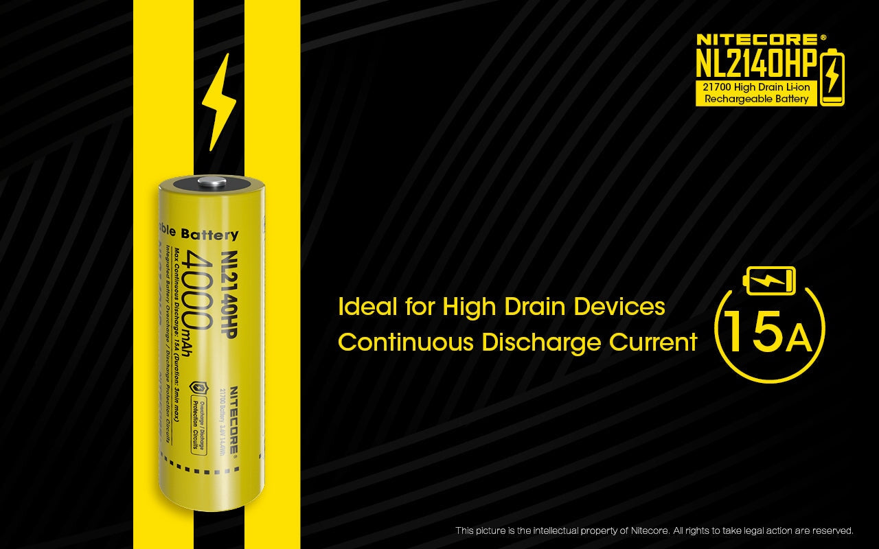 Nitecore NL2140HP 21700 4000mAh high-drain rechargeable Li-ion battery for flashlights, headlamps, and electronic devices