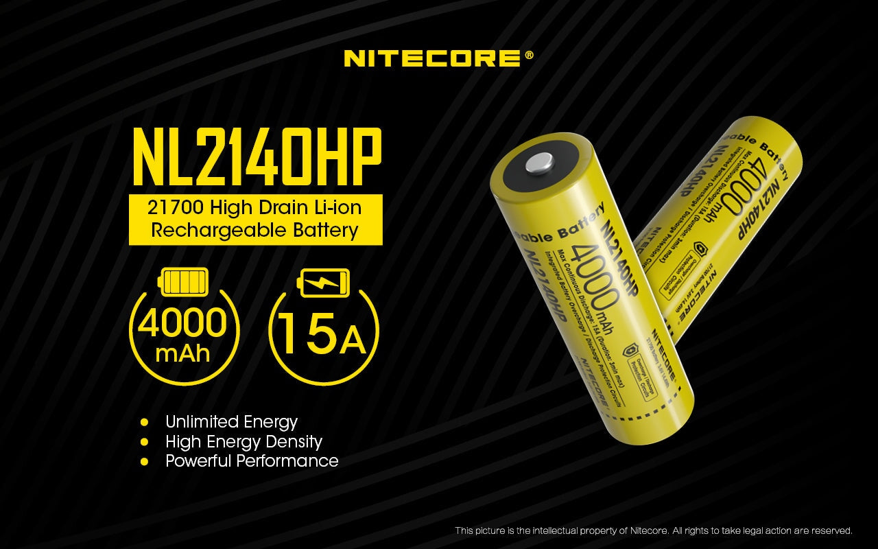Nitecore NL2140HP 21700 4000mAh high-drain rechargeable Li-ion battery for flashlights, headlamps, and electronic devices