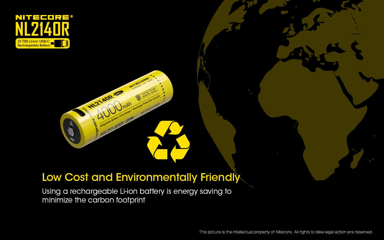 Nitecore NL2140R 21700 4000 mAh rechargeable Battery with USB-C (cable not included) Rechargeable Batteries Nitecore