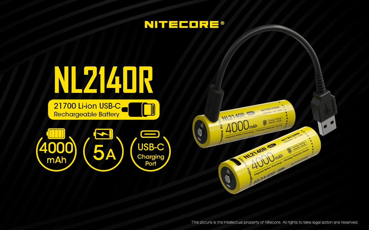 Nitecore NL2140R 21700 4000mAh USB-C rechargeable Li-ion battery for flashlights, headlamps, and high-performance electronic devices