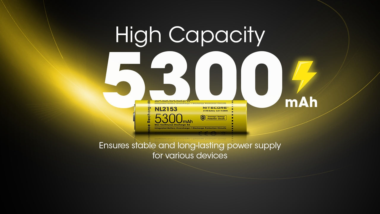 Nitecore NL2153 21700 Li-ion rechargeable 5300mAh battery for flashlights, headlamps, and high-performance electronic devices