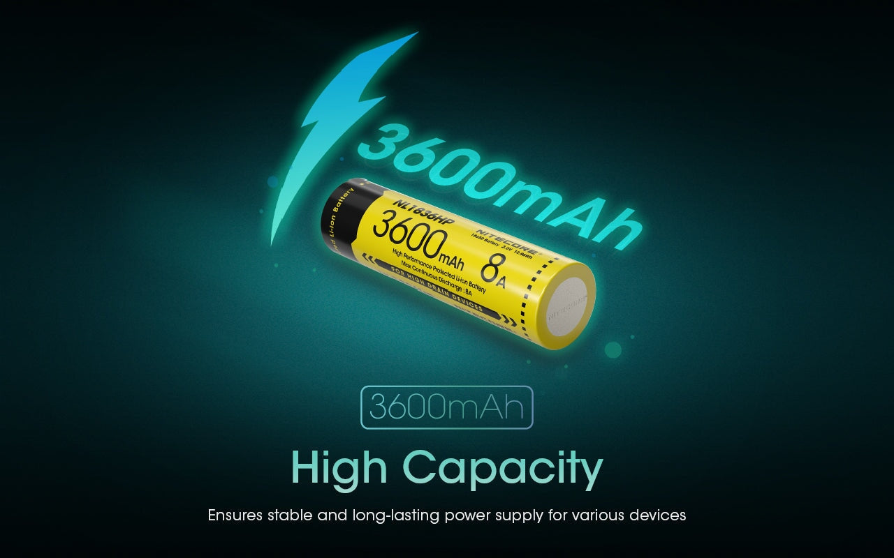 Nitecore NL1836HP 18650 high-performance 3600mAh rechargeable Li-ion battery for flashlights, headlamps, and electronic devices