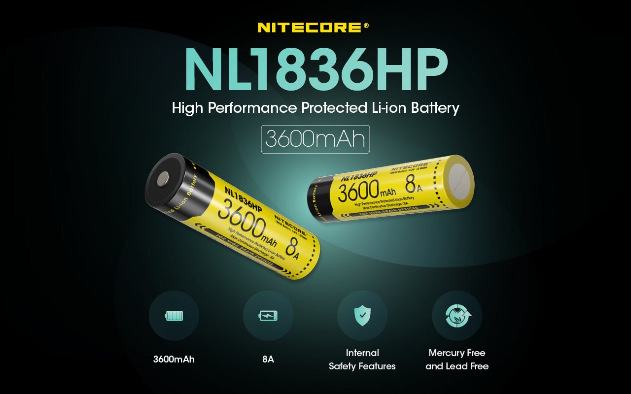 Nitecore NL1836HP 18650 high-performance 3600mAh rechargeable Li-ion battery for flashlights, headlamps, and electronic devices