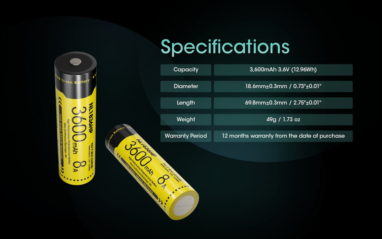 Nitecore NL1836HP 18650 high-performance 3600mAh rechargeable Li-ion battery for flashlights, headlamps, and electronic devices