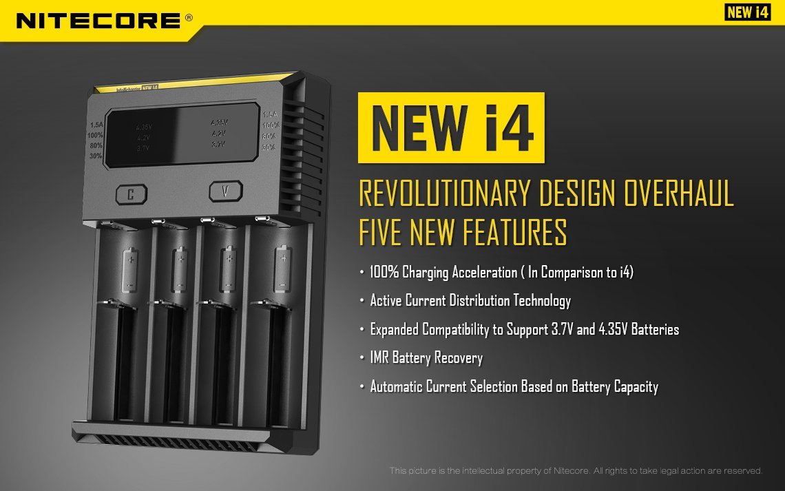 Nitecore New i4 Intellicharger four-slot universal smart battery charger compatible with Li-ion, Ni-MH, and Ni-Cd rechargeable batteries