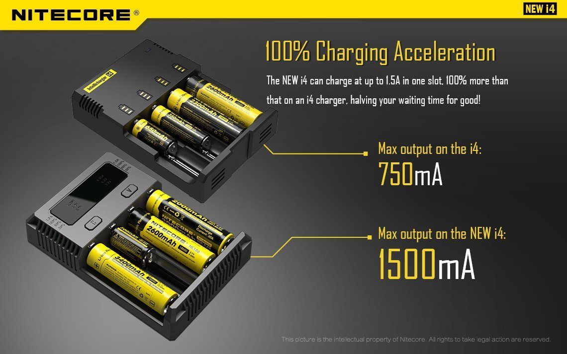 Nitecore New i4 Intellicharger four-slot universal smart battery charger compatible with Li-ion, Ni-MH, and Ni-Cd rechargeable batteries