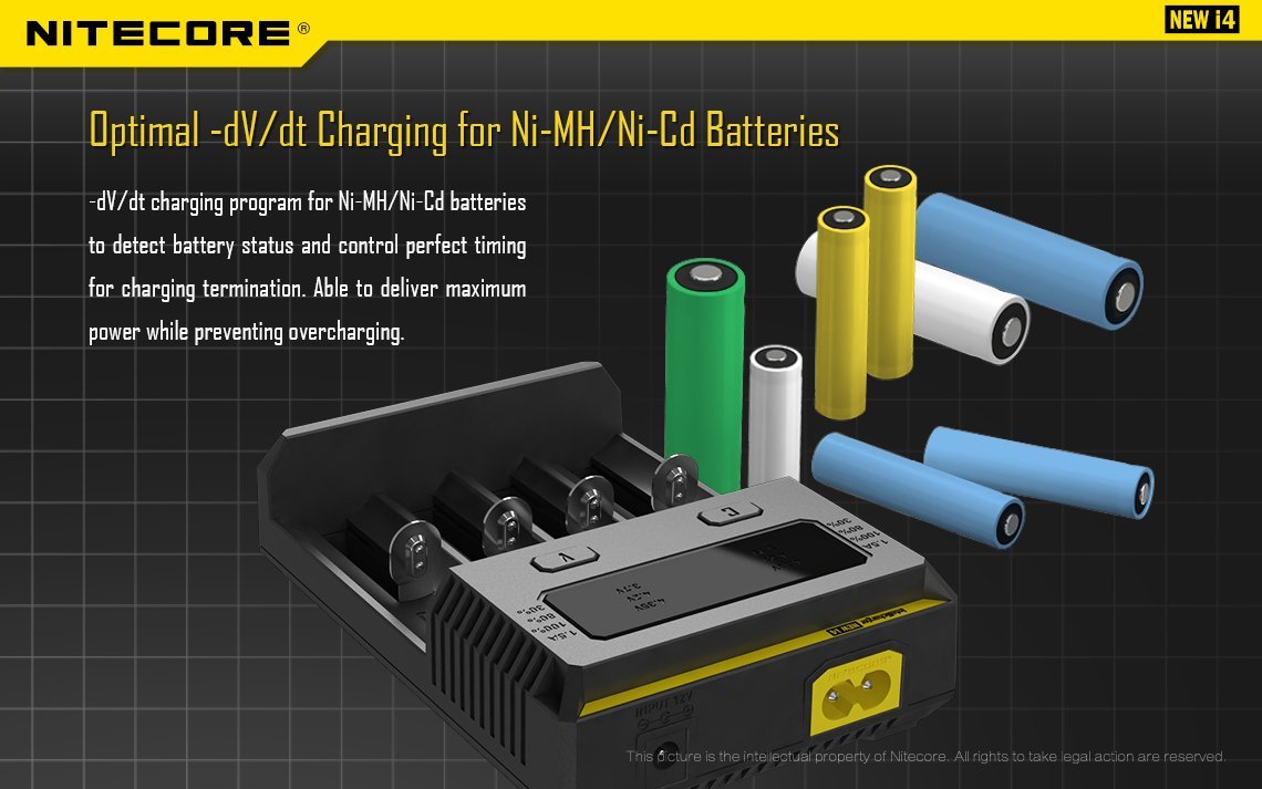 Nitecore New i4 Intellicharger four-slot universal smart battery charger compatible with Li-ion, Ni-MH, and Ni-Cd rechargeable batteries
