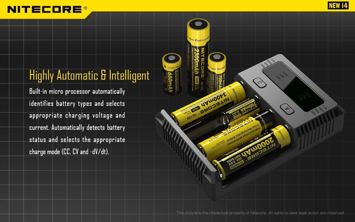 Nitecore New i4 Intellicharger four-slot universal smart battery charger compatible with Li-ion, Ni-MH, and Ni-Cd rechargeable batteries