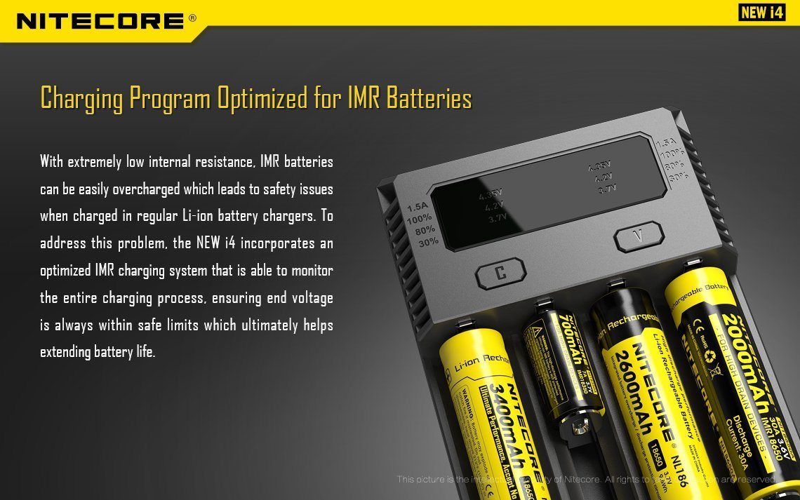 Nitecore New i4 Intellicharger four-slot universal smart battery charger compatible with Li-ion, Ni-MH, and Ni-Cd rechargeable batteries