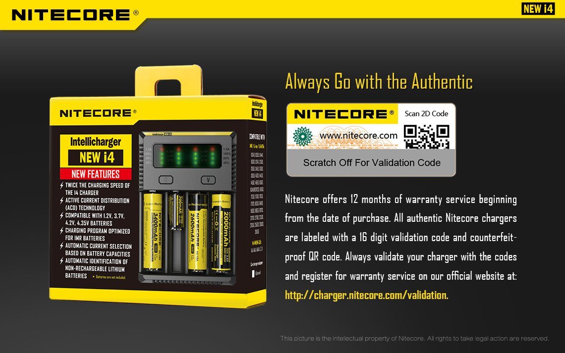 Nitecore New i4 Intellicharger four-slot universal smart battery charger compatible with Li-ion, Ni-MH, and Ni-Cd rechargeable batteries