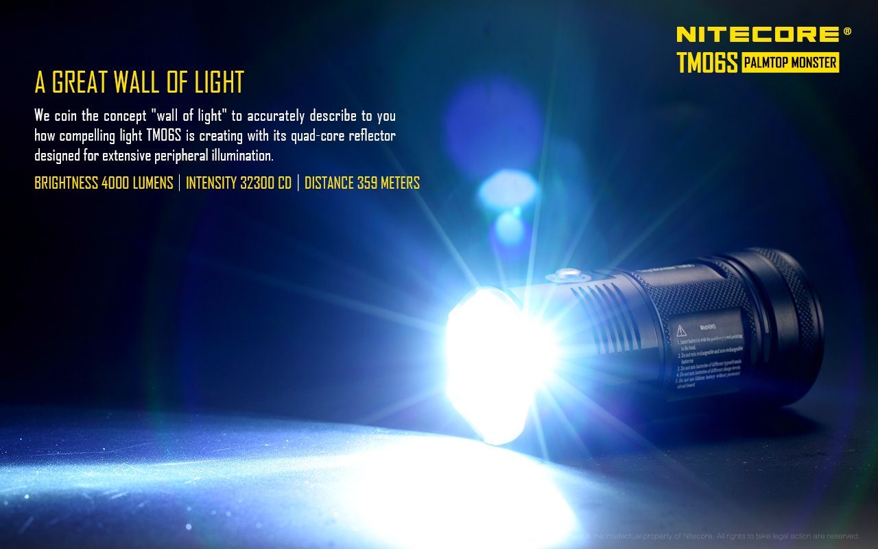 Nitecore TM06S Tiny Monster rechargeable LED flashlight with 4000 lumens brightness for search, camping, and professional lighting