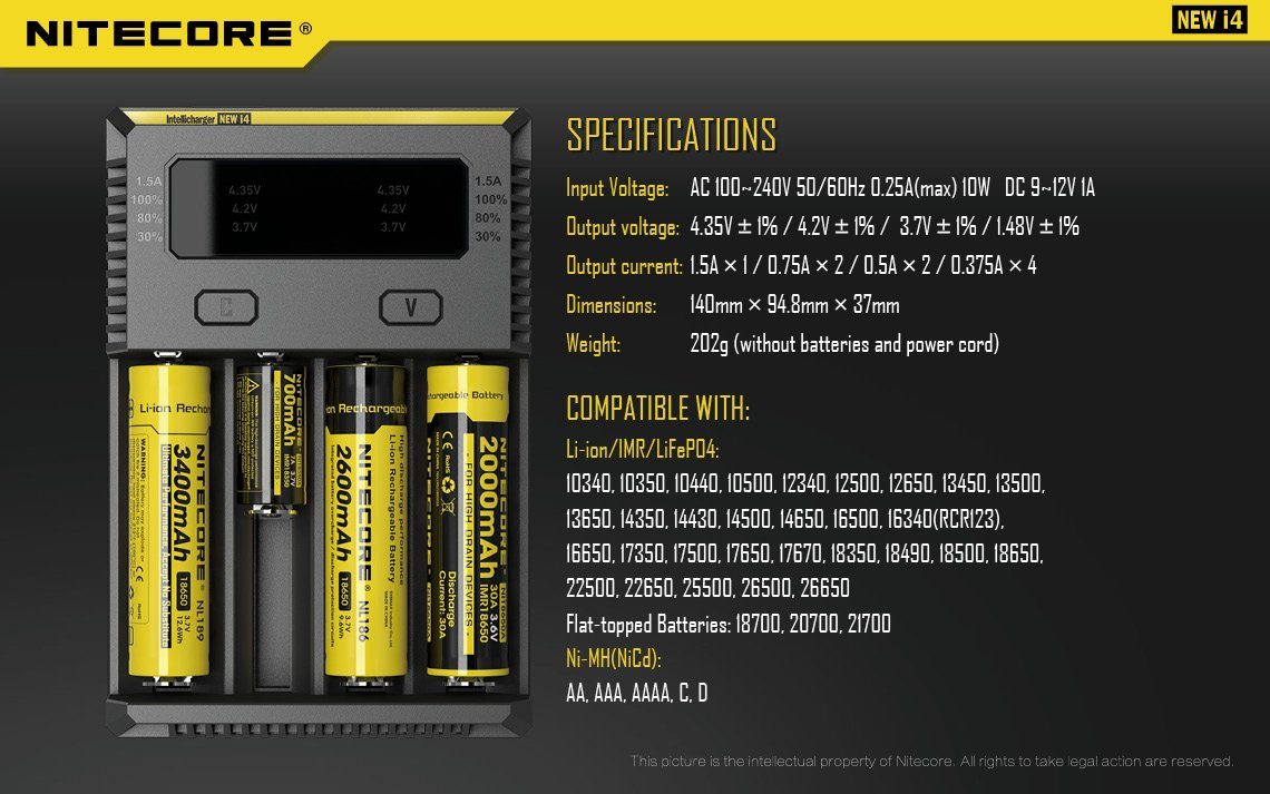 Nitecore New i4 Intellicharger four-slot universal smart battery charger compatible with Li-ion, Ni-MH, and Ni-Cd rechargeable batteries