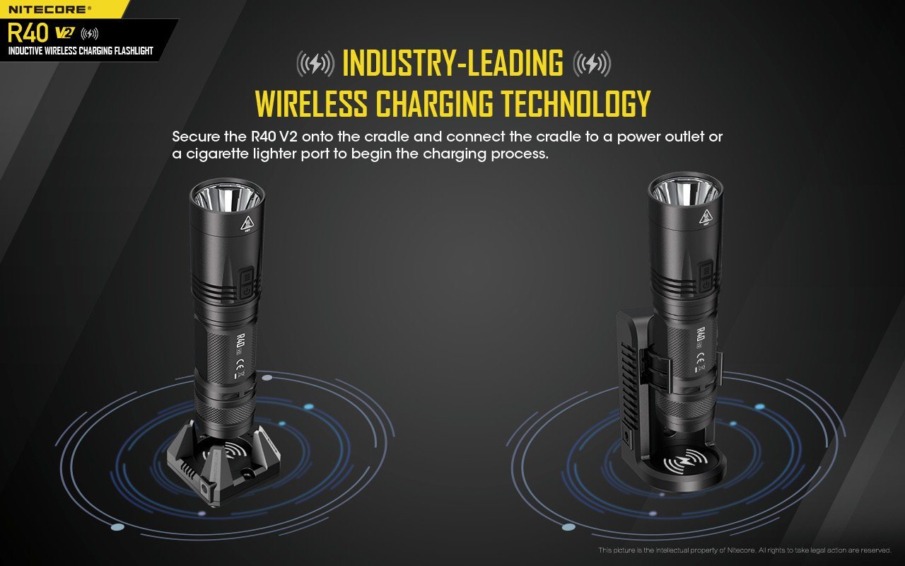 Nitecore R40 V2 rechargeable LED flashlight with 1200 lumens brightness and wireless charging for patrol, duty, and professional lighting