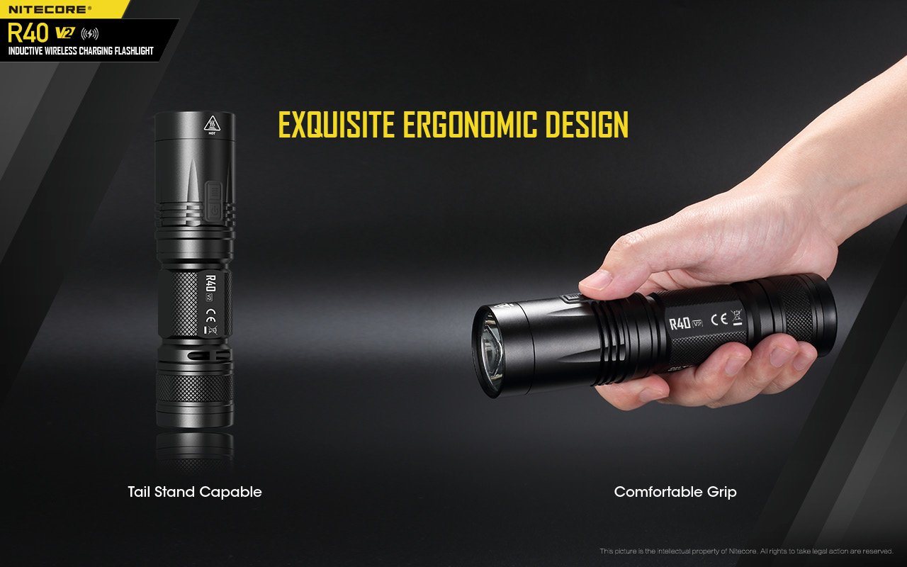 Nitecore R40 V2 rechargeable LED flashlight with 1200 lumens brightness and wireless charging for patrol, duty, and professional lighting