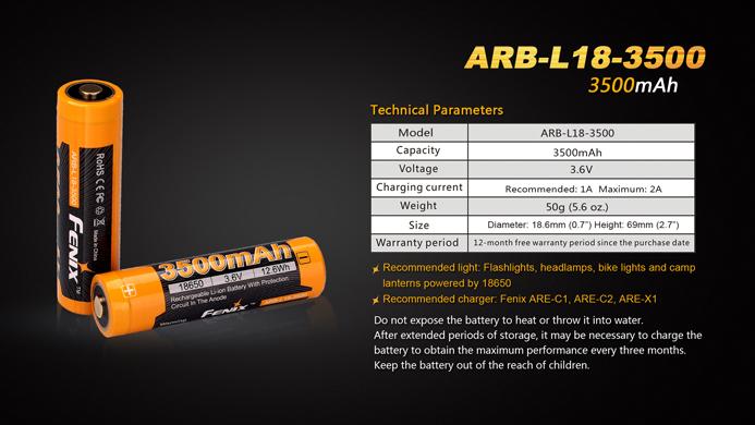Fenix ARB-L18-3500 18650 3500mAh protected Li-ion button top rechargeable battery for flashlights and high-performance devices