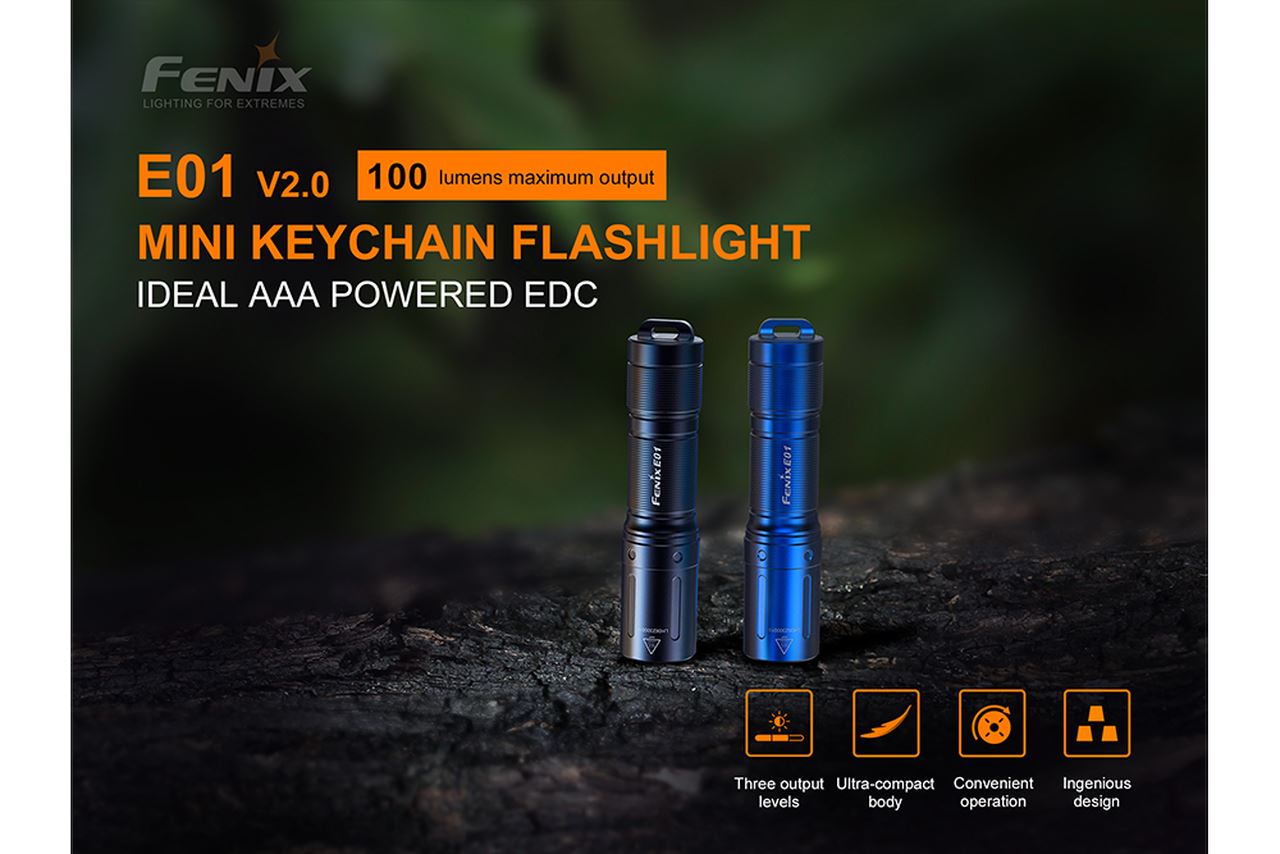 Fenix E01 V2.0 compact EDC LED flashlight with 100 lumens brightness for everyday carry, travel, and emergency lighting