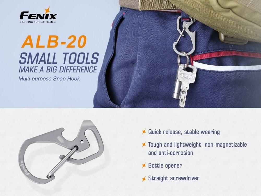 Fenix ALB-20 TC4 titanium alloy snap hook multi-purpose carabiner clip for keys, tools, camping, and outdoor gear