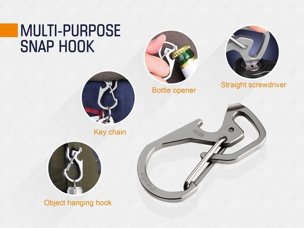 Fenix ALB-20 TC4 titanium alloy snap hook multi-purpose carabiner clip for keys, tools, camping, and outdoor gear