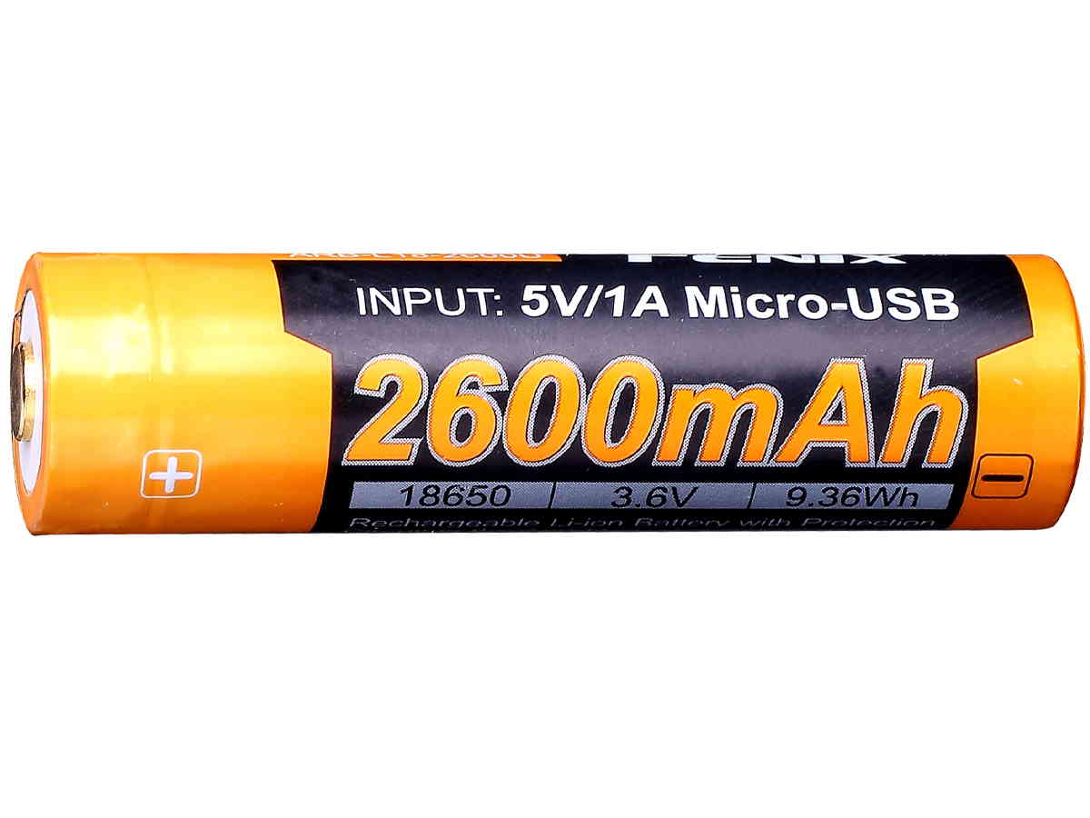 Fenix ARB-L18-2600U 18650 2600mAh protected Li-ion button top rechargeable battery with built-in Micro USB charging port
