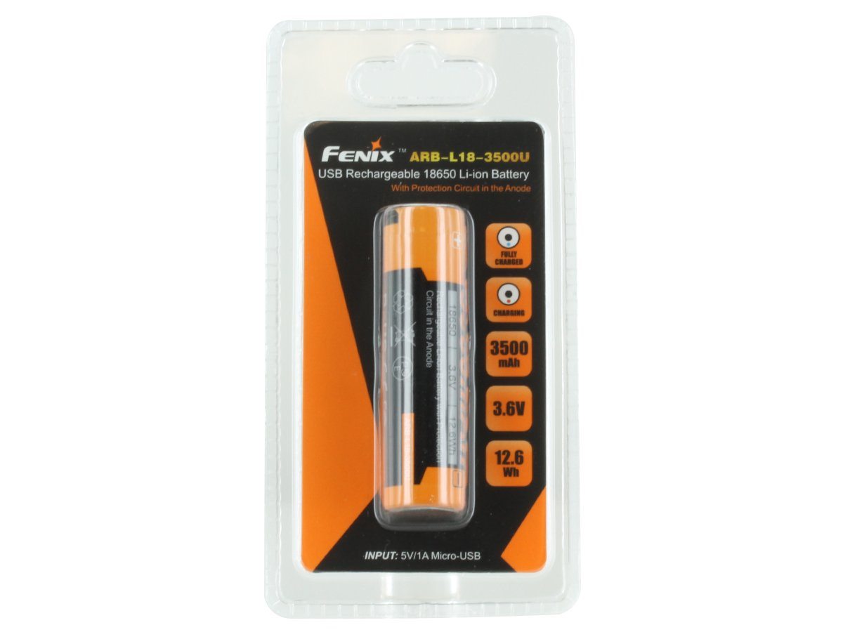 Fenix ARB-L18-3500U 18650 3500mAh protected Li-ion button top rechargeable battery with built-in Micro USB charging port