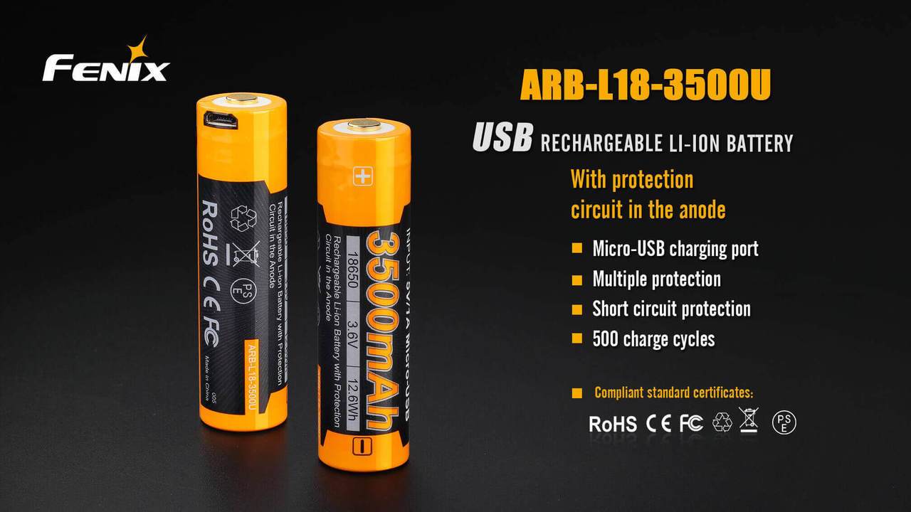 Fenix ARB-L18-3500U 18650 3500mAh protected Li-ion button top rechargeable battery with built-in Micro USB charging port